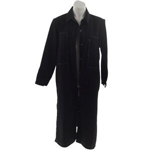 The Weeknd  Black Denim Contrast White Stitch Long Trench Coat